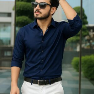 Navy Color — Spandex Glossy Fabrics Shirt